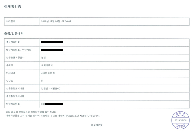 김철민 의원실에서 국회 사무처에 정책개발 용역비 400만 원을 반납한 영수증