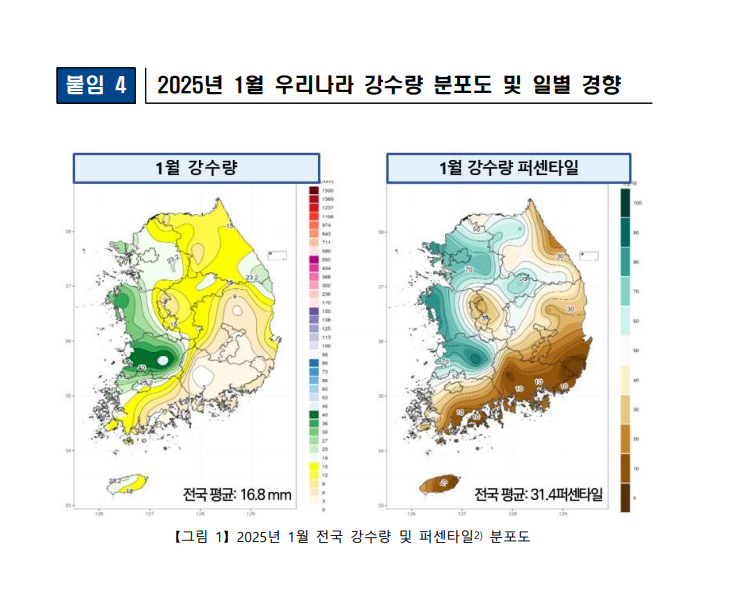 서해안에 집중된 1월 강수량 (자료:기상청)