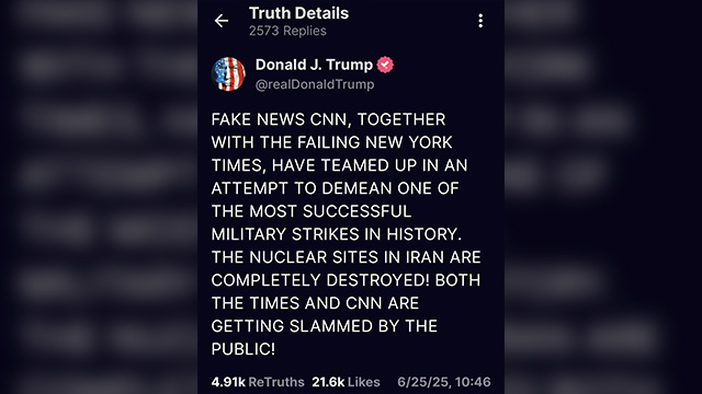 트럼프 “가짜뉴스 CNN·망해가는 NYT, 이란 작전 폄하”